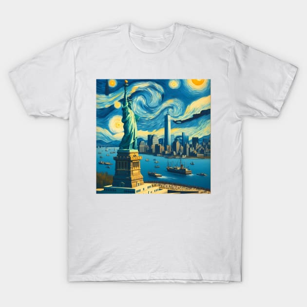 New York City, USA, in the style of Vincent van Gogh's Starry Night T-Shirt by CreativeSparkzz